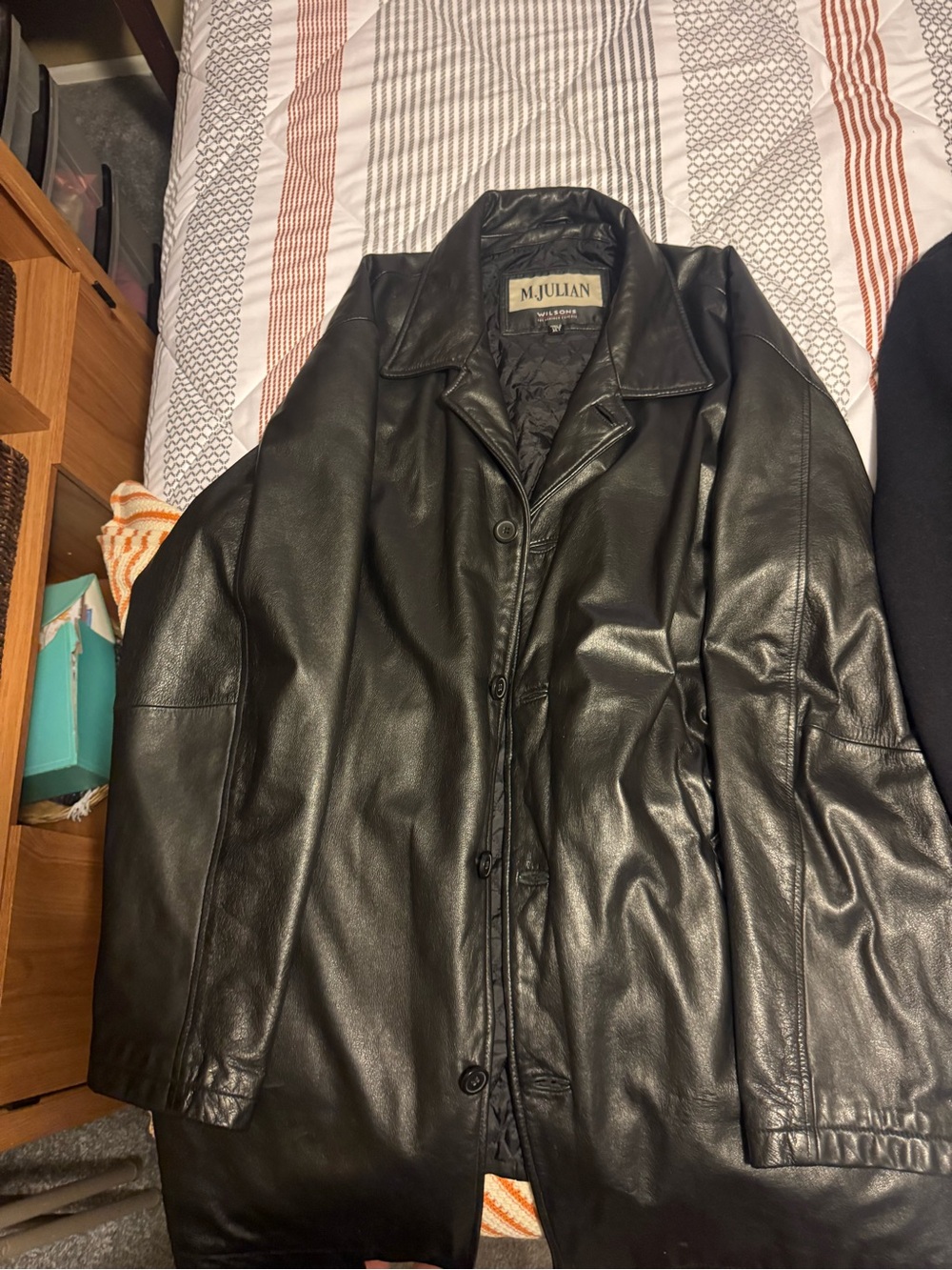 M. Julian Men’s Black Leather Button-Front Coat